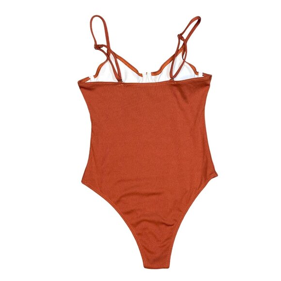 Womens Ribbed One-Piece Underwire One-Piece Swimsuit in Rust Orange Size Small - Picture 2 of 3